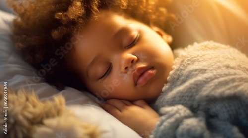 In a kid's room, a content baby peacefully slumbers in a warm bed.