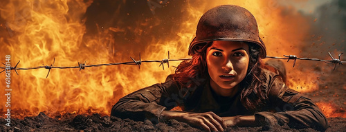 Portrait of military woman soldier in a helmet lies in a trench on ground. Barbed wire and fire, a bomb explodes behind the girl back during a combat attack. Panorama with copy space. photo