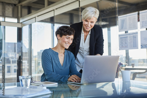 Two smiling businesswomen sharing laptop at desk in office photo