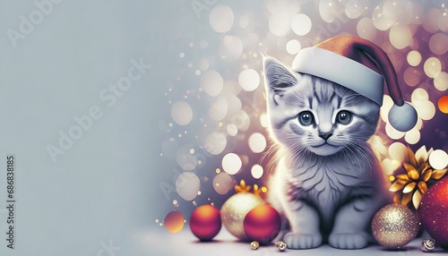 Mały kotek w czapce Świętego Mikołaja trzymający w łapkach prezent. Przygaszone kolory. Świąteczne tło, kartka z miejscem na tekst
