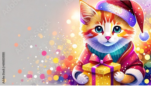 Kolorowy kot w stroju Świętego Mikołaja trzymający w łapkach prezent. Świąteczne tło, kartka z miejscem na tekst