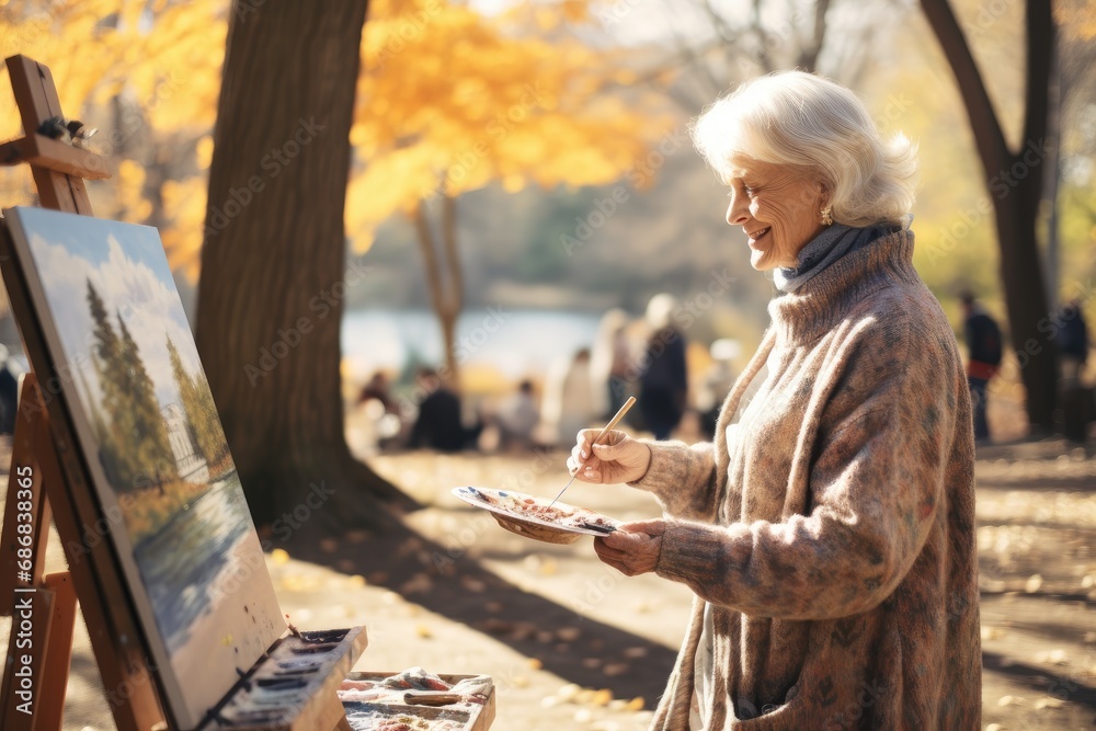 Senior Woman Painting Outdoors in a Park Senior Woman Painting Outdoors in a Park