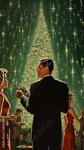 Classic Christmas Xmas Holiday Photo of Family, Christmas Tree, Christmas Lights, and more 
