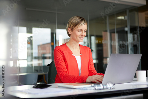 Smiling businesswoman using laptop in office