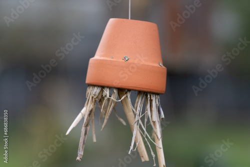 A small clay flower pot hangs from a rope with the opening facing downwards. Straws are stuck into the opening. Insects can use the small arrangement. © leopictures
