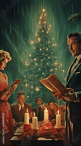 Classic Christmas Xmas Holiday Photo of Family, Christmas Tree, Christmas Lights, and more 