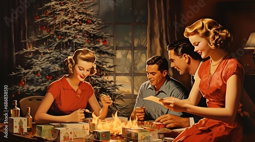 Classic Christmas Xmas Holiday Photo of Family, Christmas Tree, Christmas Lights, and more 