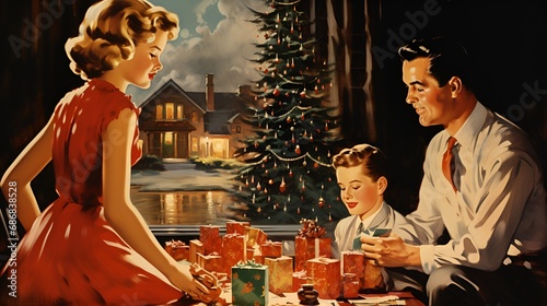 Classic Christmas Xmas Holiday Photo of Family, Christmas Tree, Christmas Lights, and more 