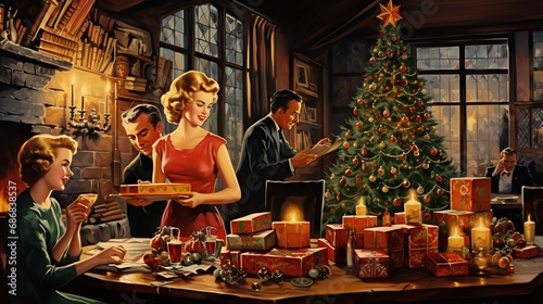Classic Christmas Xmas Holiday Photo of Family, Christmas Tree, Christmas Lights, and more 