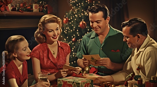 Classic Christmas Xmas Holiday Photo of Family, Christmas Tree, Christmas Lights, and more 