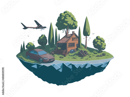 A tree and a house nature illustration vector on isolated background