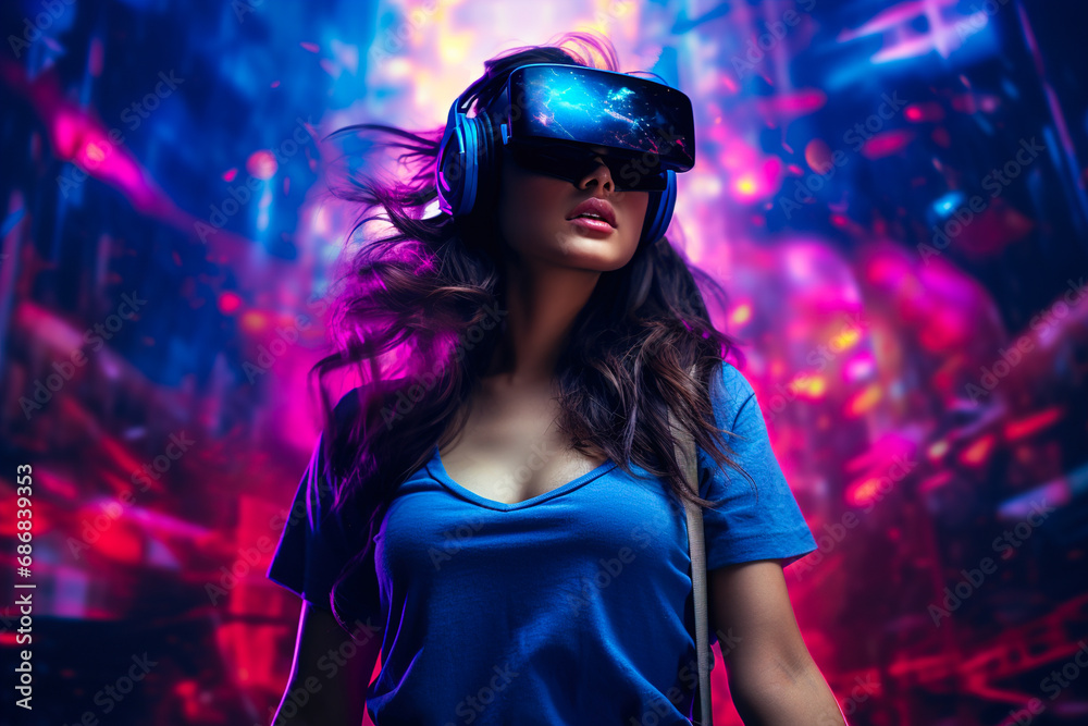 A woman wearing virtual reality glasses stands in a futuristic fictional city in neon colors.