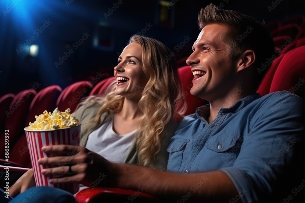 A couple happily laughing while sitting in a movie theater with a bucket of popcorn