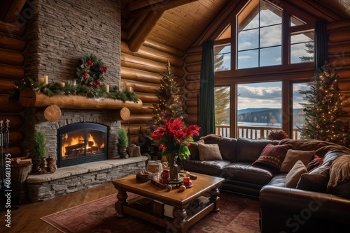 Log house decorated for Christmas. Cozy interior