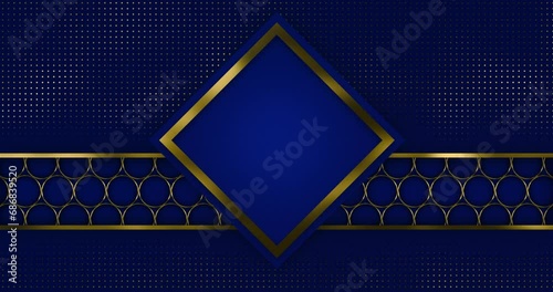 seamless animation luxury background consists of a square with golden outline in the center, over golden outline circular pattern grid moving right to left over golder dotted navy blue background. photo