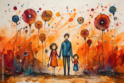 A painting of a man and two children standing in a field of flowers.