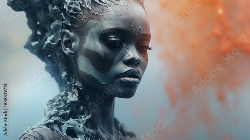 Cinematic, extreme close-up, asymmetric, realistic, ethereal black woman, featuring a humanoid-esque, made of foggy Pietersite, surreal iridescence, aerochrome