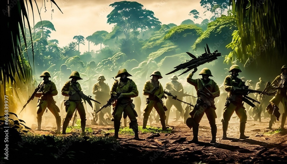 Fototapeta premium illustration of a military unit in the jungle suitable as a background