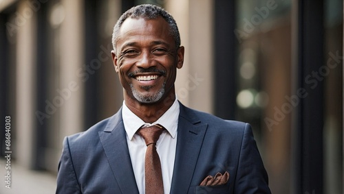 Smiling middle-aged African businessman in a tailored suit posing confidently on an urban street background