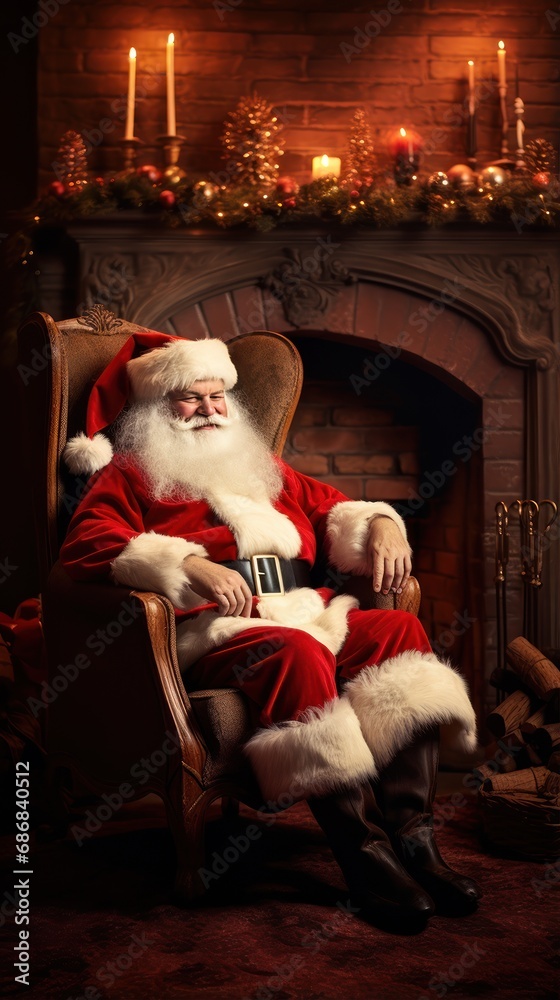 Obraz premium Santa Claus in his house next to the fireplace resting in armchair.