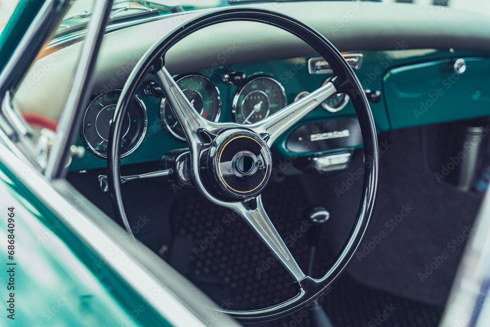 Green colored interior of a classic muscle car