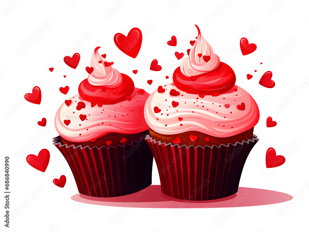 Illustration of a cupcakes with frosting and hearts decorations on white background Illustration of a cupcakes with frosting and hearts decorations on white background