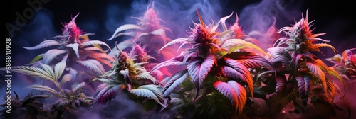 A group of marijuana plants with colored smoke in the background. © tilialucida