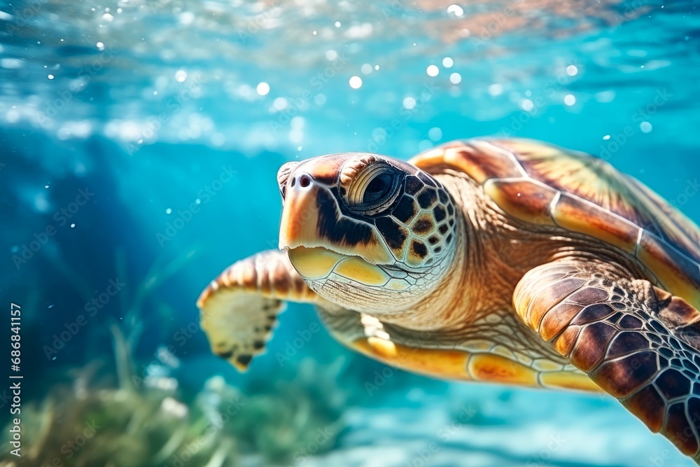 Obraz premium Green sea turtle swims underwater close-up