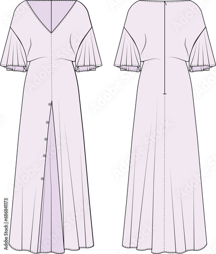 v neck flared short sleeve with slit and button slouchy long maxi dress template technical drawing flat sketch cad mockup fashion woman 