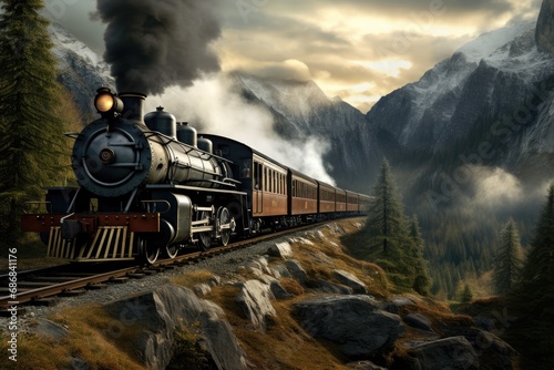 Vintage train traveling through a mountainous landscape