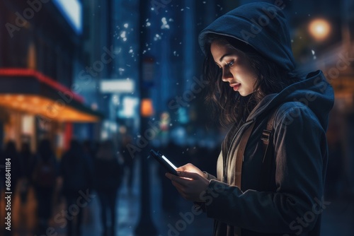 Woman Using Mobile App in Night City