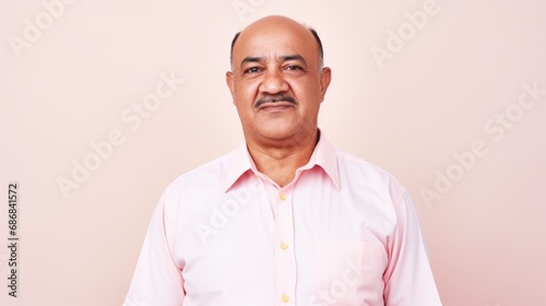 A joyful senior with diverse skin tones poses against a soft pink background in a studio. © iuricazac