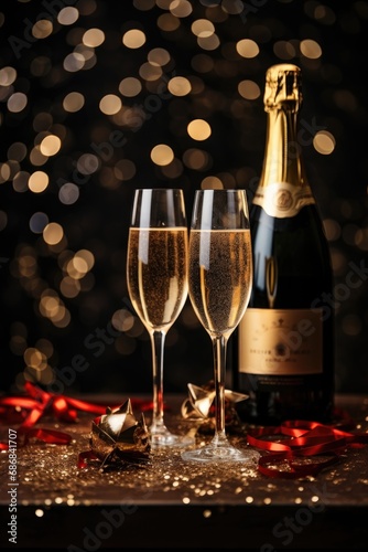 Two flutes of bubbling champagne with a bottle and Christmas decorations against a bokeh light background