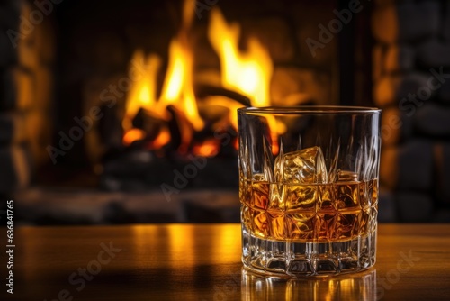 A glass of whiskey against the background of a fireplace.
