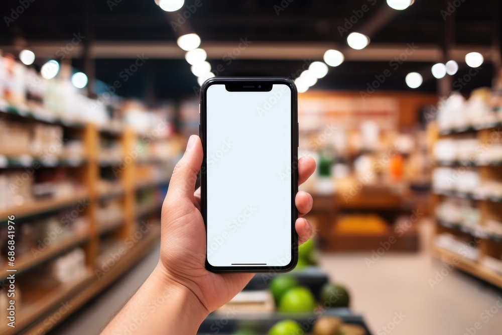 Hand holding a smartphone with a blank screen in a warehouse shopping aisle - obrazy, fototapety, plakaty 