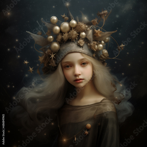 portrait of a girl with Christmas decorations on her head