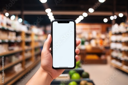 Hand holding a smartphone with a blank screen in a warehouse shopping aisle