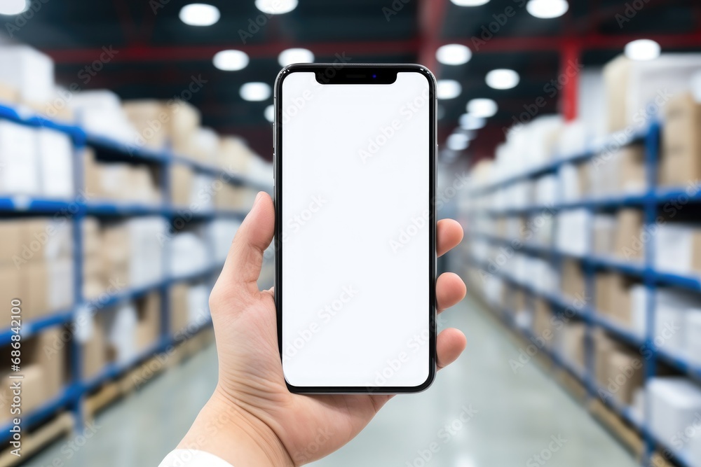 A hand presenting a smartphone with a blank screen against the backdrop of a warehouse with shelves of goods A hand presenting a smartphone with a blank screen against the backdrop of a warehouse with shelves of goods