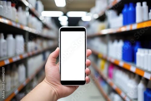 A hand presenting a smartphone with a blank screen against the backdrop of a warehouse with shelves of goods