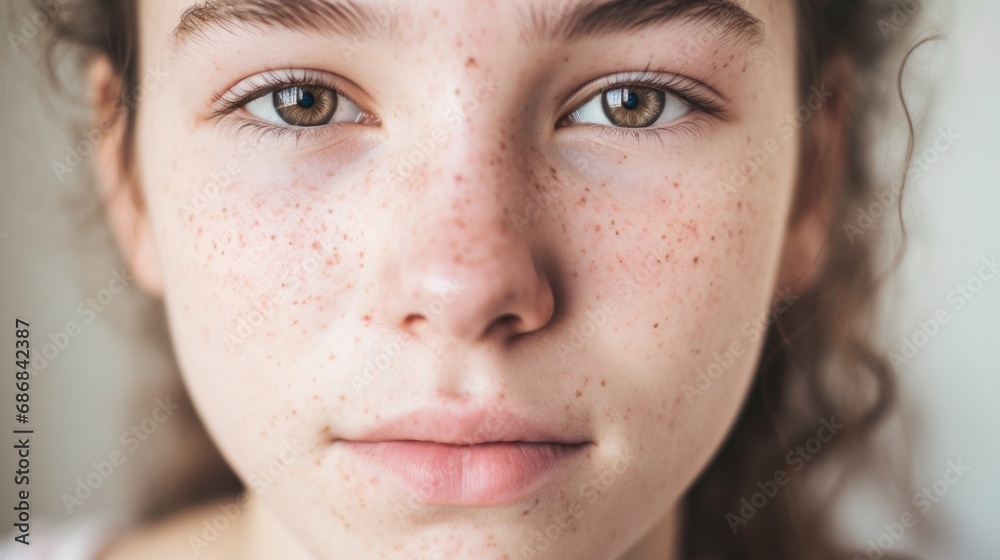 Authentic expression of a teen with imperfect skin against a beige backdrop.