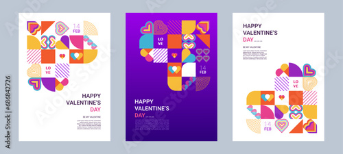 Set of Valentine's Day posters, greeting card, banner, label, sale promotion template, cover in geometric style. Bauhaus. Geometric print, geometric pattern