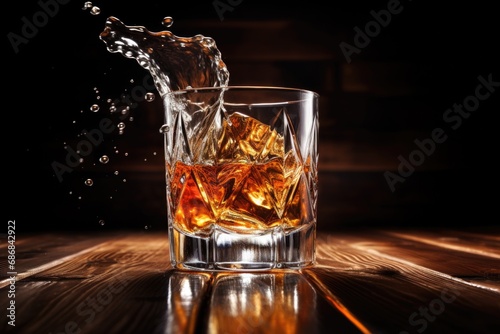 Whiskey splash in glass on a wooden table.