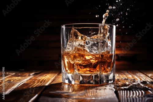Whiskey splash in glass on a wooden table. © Дмитрий Баронин
