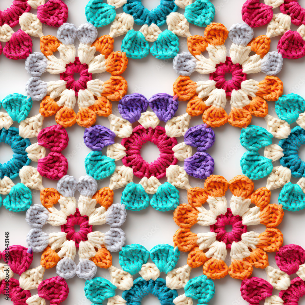 Seamless rainbow crochet ornaments and floral decoration background