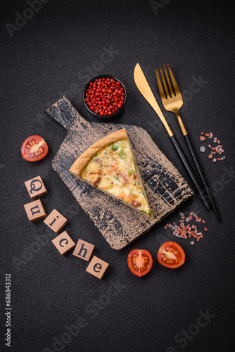 Delicious quiche with broccoli, cheese, chicken, spices and herbs