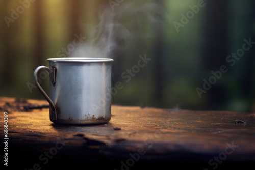 Steaming Metal Mug on a Rustic Wooden Table in a Serene Forest Setting