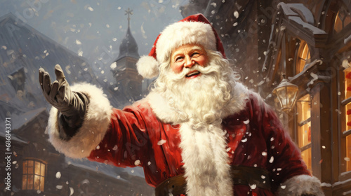 "Warm Greetings from Santa Claus in a Snowy Town Square, Waving Cheerfully