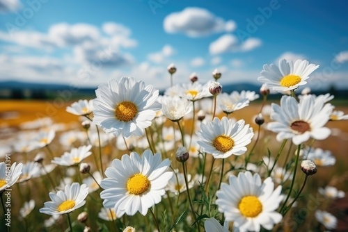 A field of white flowers with a blue sky in the background. Daisy flowers on a field.