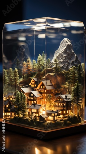 A miniature model of a mountain village in a glass case.
