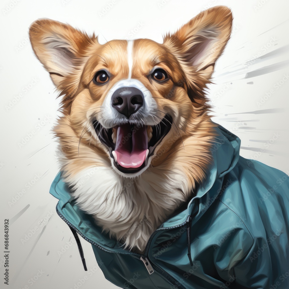 A brown and white dog wearing a blue jacket.